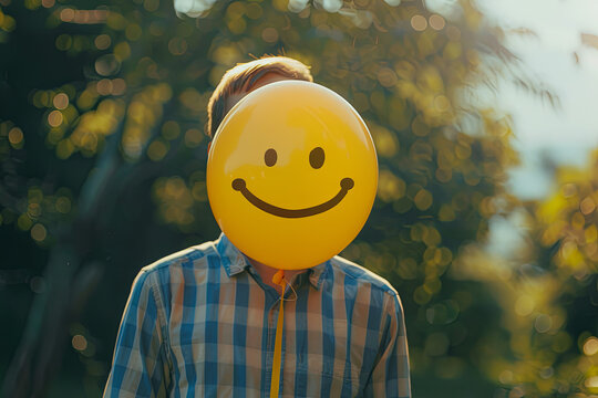 Man holding yellow balloon with smile face instead of head. Positive thinking concept. Hiding bad feelings with a smile