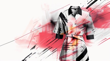 Artistic sketch of a digital garment, highlighting unique fabric manipulations and abstract patterns, with a focus on innovative fashion design trends