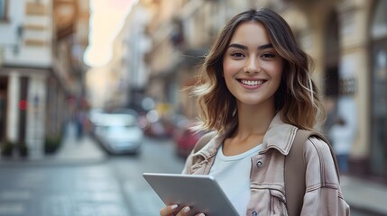 Beautiful Young Woman Holding Tablet Device Smiling at in Vibrant Urban City Street