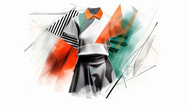 Artistic sketch of a digital garment, highlighting unique fabric manipulations and abstract patterns, with a focus on innovative fashion design trends