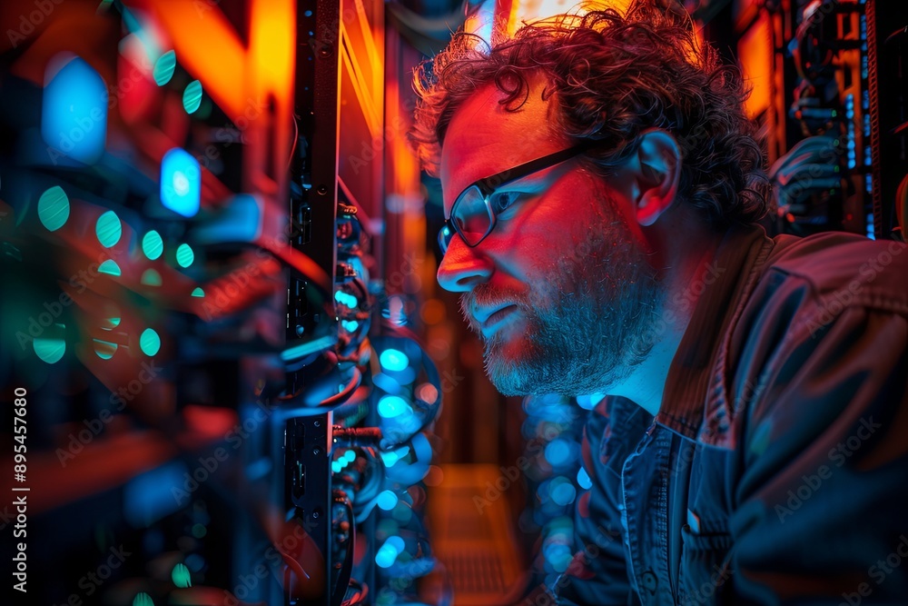 Poster technician working in a server room under emergency lights. generative ai