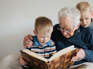 Elderly Caucasian Woman Sharing Nostalgic Memories with Grandchildren through Old Album at Home in Warm Evening Light