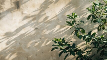 Sunlit green foliage against a beige plaster wall