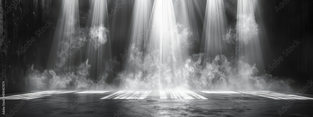 Poster a stark background with a bright spotlight illuminating an empty stage.