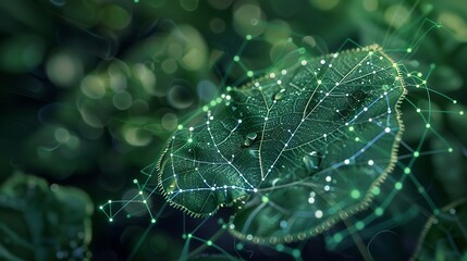 Green nature leaf with digital network connection for representing technology integration organic living environment sustainability and modern eco friendly innovation concept.