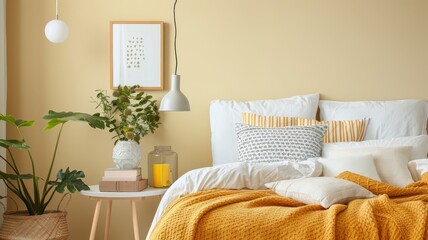 A vibrant yellow bedroom with playful patterns and eclectic furniture.