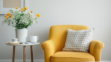 A vibrant yellow living room with playful patterns and vintage objects.