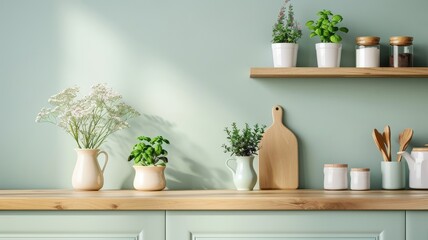A serene green kitchen with natural wood and potted herbs.