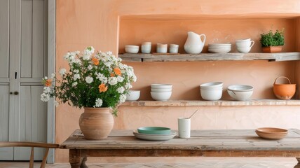 A warm orange kitchen with terracotta tiles and open shelving.