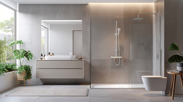 A modern gray bathroom with sleek lines and a walk-in shower.