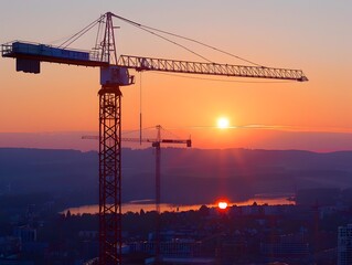 Crane Silhouette at Sunset Overlooking Cityscape