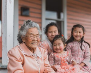 Elderly Asian Grandmother Sharing Stories with Grandchildren on Porch - National Gorgeous Grandma Day, Morning, Heritage and Connection