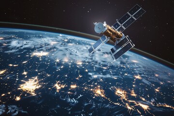 Global network: Satellite in space over earth at night