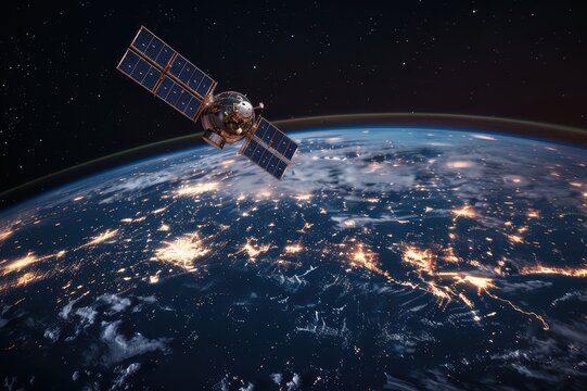 Global network: Satellite in space over earth at night