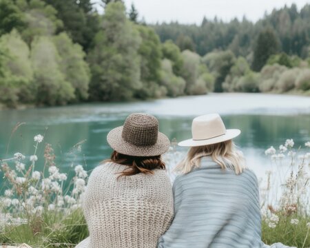 Two Caucasian Women Enjoying a Tranquil Picnic by the River on National Cousins Day, Forest Background, Daytime, Relaxed and Cozy Atmosphere