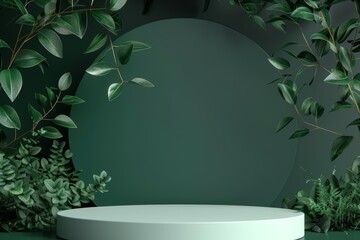 Luxurious 3d green podium for product display in a modern studio setting with elegant plant design