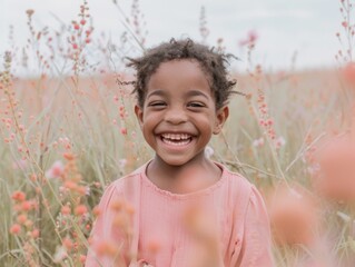 Happy African American Girl Enjoying Sunny Summer Day in a Flower Field - National Cousins Day Celebration