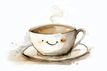 Fototapeta premium A charming watercolor illustration of a steaming coffee cup with a smiley face, placed on a saucer. Perfect for morning coffee lovers.
