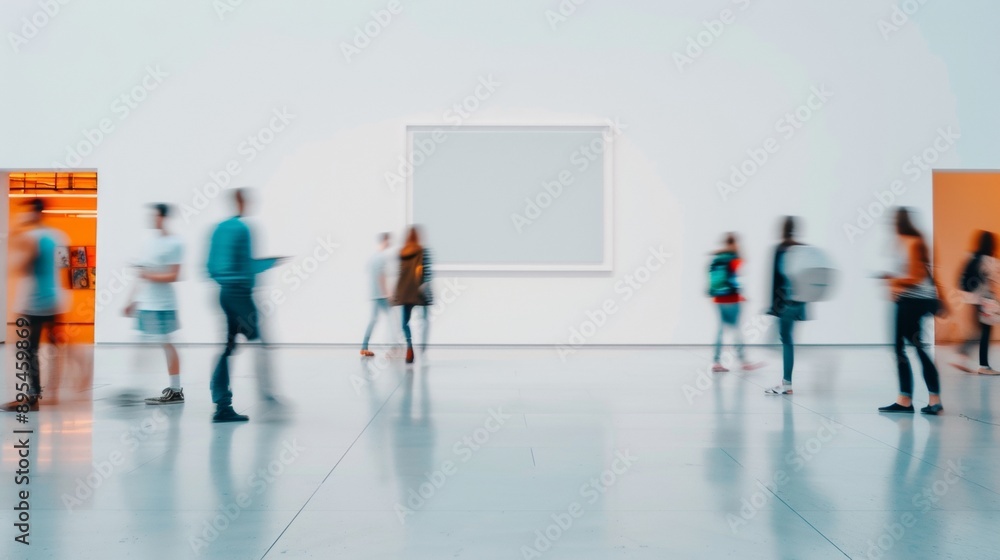 Poster modern minimalist interior with people in motion blur passing by soft white wall and frame mockup in