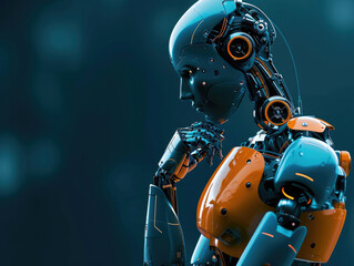 Fototapeta premium robot Ai standing and thinking, blue and orange, left hand to chin, line in the background
