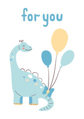 Cute Dinosaur Card. Happy Birthday Card. Postcards and posters for children. Vector illustration.