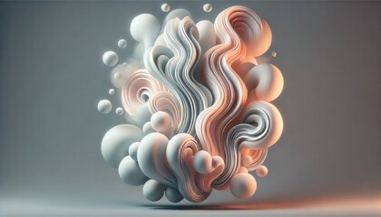 Abstract 3D Render White and Peach Swirling Shapes on a Gray Background.