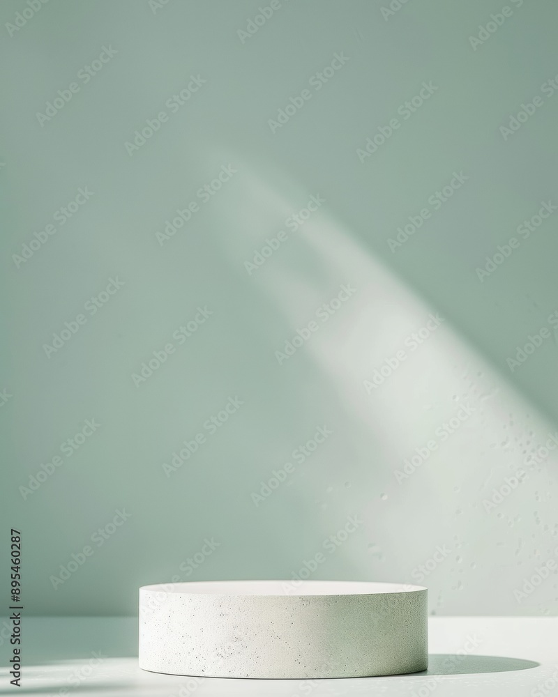 Poster minimalist modern mockup featuring textured plastic podium on gradient soft green to white backgroun