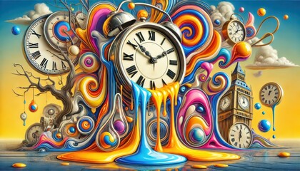 Surreal Clock Melting into Abstract Swirls Time, Imagination, and Art.