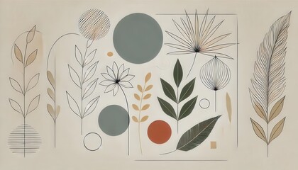 Abstract Botanical Wall Art Minimalist Floral Illustration with Greenery and Geometric Shapes.