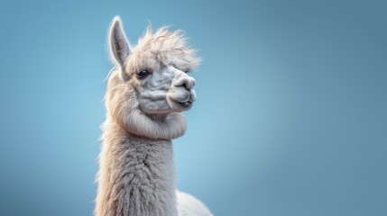 Obraz premium White Alpaca Portrait Against a Blue Background