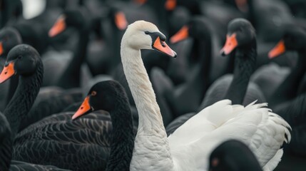 Fototapeta premium Close-Up of White Swan Among Black Swans, Symbolizing Distinctive Leadership