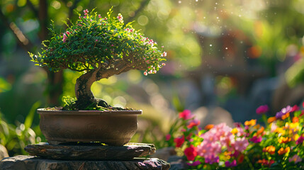 A bonsai tree in a rustic wooden pot, positioned on a stone pedestal in a lush garden with vibrant flowers and dappled sunlight creating a peaceful setting, captured in UHD 8k detail as a masterpiece 