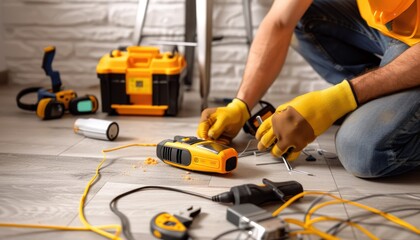 Fototapeta premium Worker tiling wood floor for home design project with tools and equipment in background
