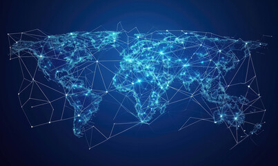 Obraz premium A low-poly map of the world. A grid of lines and points. Blue background.