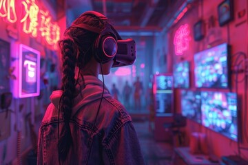 Illustration of a gaming setup in a room illuminated by neon lights, with a person streaming online.