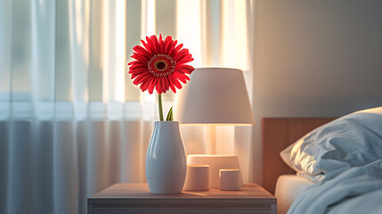 A cheerful red gerbera in a tall vase, placed on a bedside table with minimalist bedroom decor and natural light streaming in, rendered in UHD 8k as a masterpiece 