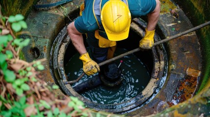 Fototapeta premium Professional Cleaning of Septic Tank by Man for Sewage Service