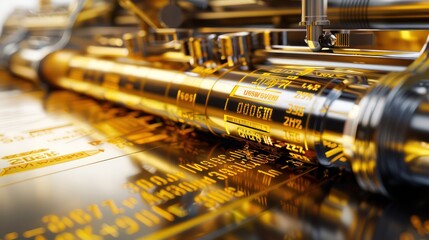 close-up of a golden stock ticker machine printing the latest stock market data on a sleek, metallic surface