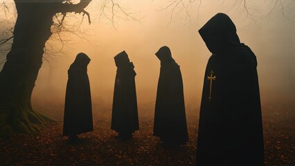 Generative AI, Cloaked figures with crosses standing in a misty forest, evoking themes of Christian devotion, monastic life, and spiritual reflection, reminiscent of religious rituals and sacred gathe