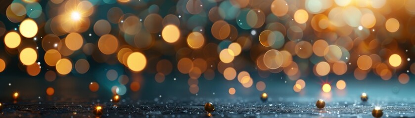 Obraz premium A mesmerizing backdrop of shimmering bokeh lights reflected on a wet surface, perfect for creating an enchanting atmosphere.