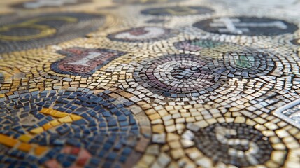 close-up of a handcrafted mosaic depicting various financial symbols and budgetary terms, embedded in a public square