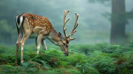 A serene scene featuring a graceful deer grazing amidst lush green ferns in a tranquil forest setting, with soft mist in the background.
