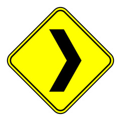 Sharp turn road signs. Black arrows on yellow traffic sign pointing right.