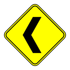 Sharp turn road signs. Black arrows on yellow traffic sign pointing left.