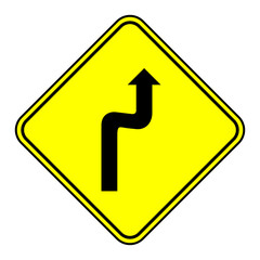 sign warning about a double curve first to right., Road sign, double turn ahead. Warning to motorists on the road. Vector image