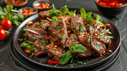Fototapeta premium The national cuisine of Thailand. Lamb with chili and mint.