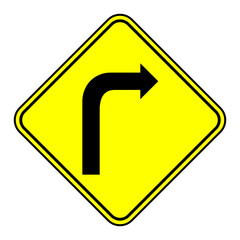 traffic warning sharp curve right sign illustration icon, turn right yellow road sign, Sharp ring curve., traffic warning sign, isolated on white background.
