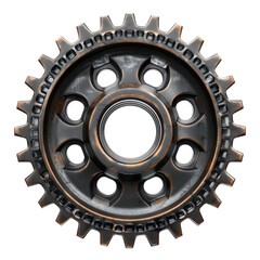 Close-up of a black metal gear featuring intricate details and a rusty finish, perfect for industrial or mechanical themes.