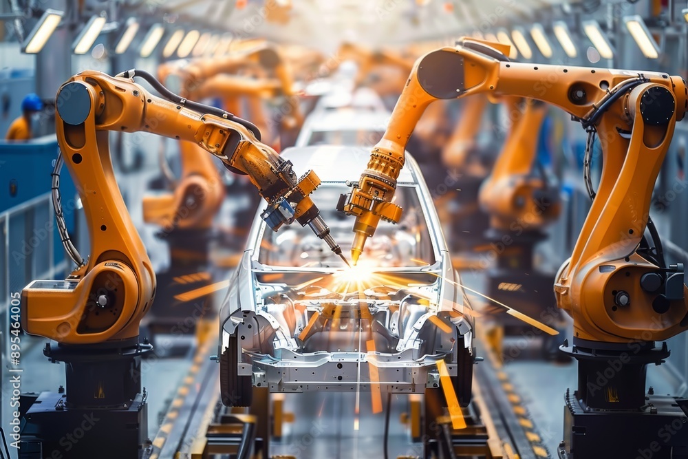 Poster automated robotic arms welding car parts on assembly line in ai enhanced automobile factory