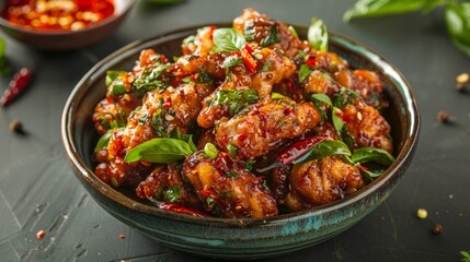 Fototapeta premium The national cuisine of Thailand. Fried chicken with chili and basil.